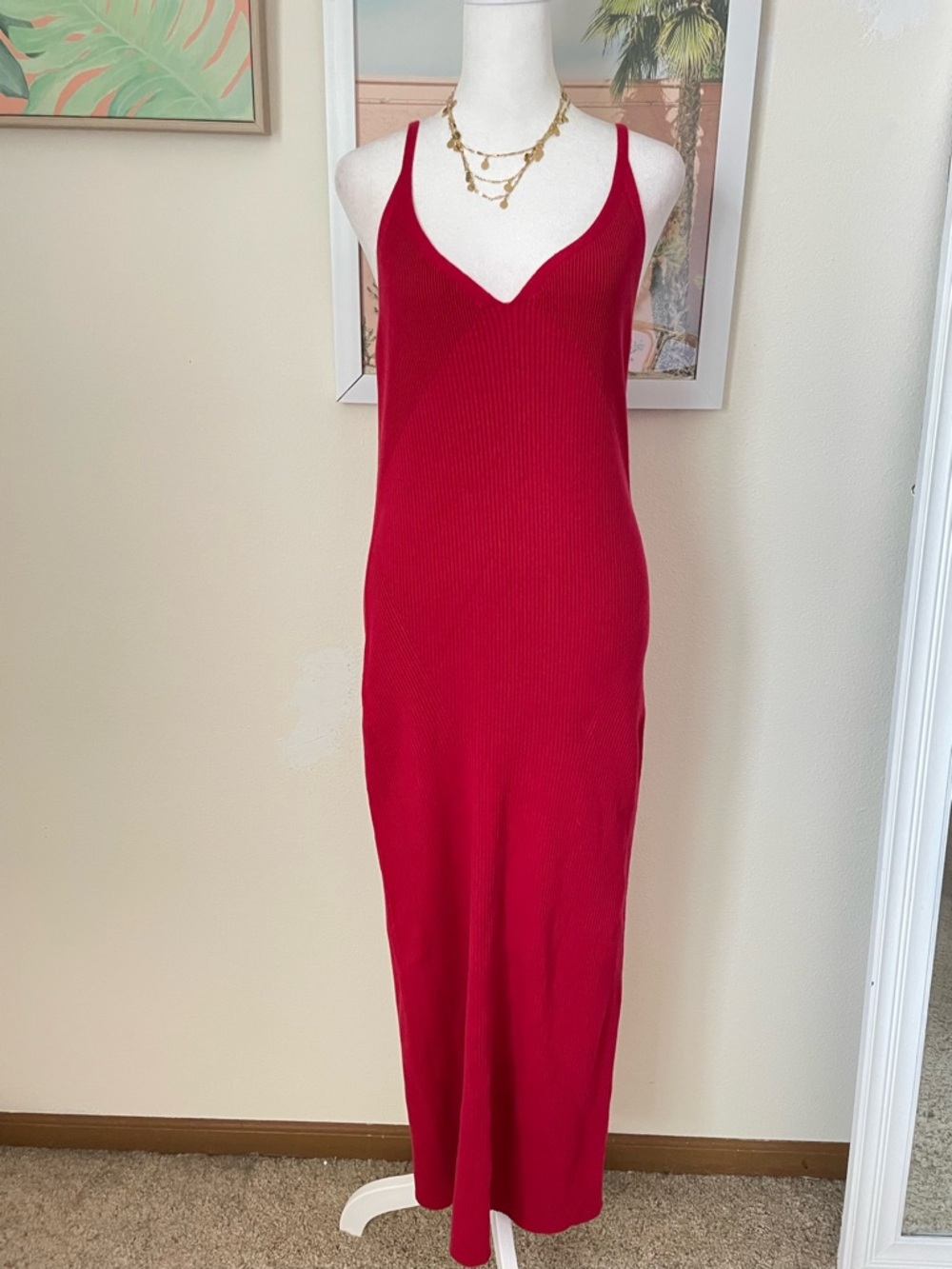 Reformation Dahlia Cotton Ribbed Sweater Dress Lipstick Red Tank Midi Size Large